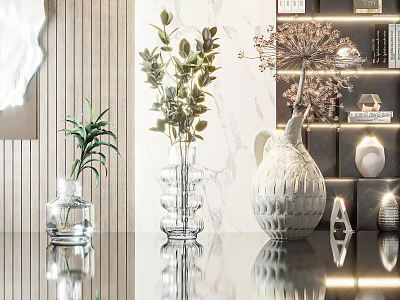 Vase With Fresh Flowers Green Plants Transparent Glass And White Textured Design In Modern Decor 3d model