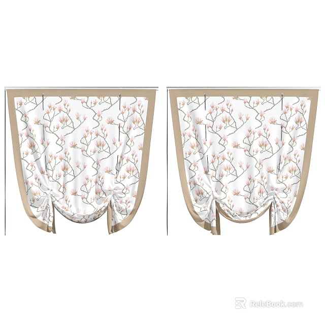 White Curtains With Pink Floral Pattern Beige Border And Tieback Design 3d model