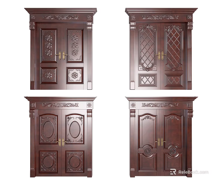 Classic Wooden Double Doors Design With Intricate Carvings And Traditional Details 3d model 