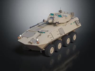 Sand Colored Armored Military Vehicle With Wheeled Design And Top Tactical Equipment 3d model