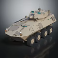 Sand Colored Armored Military Vehicle With Wheeled Design And Top Tactical Equipment