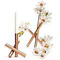 Elegant Decorative Ornament Set With White Flowers Copper Vase White Candles And Copper Candle Holders