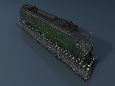 Dark Green Train Locomotive 3D Model on Railway Tracks with Gravel Details 3d model