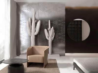 Luxury Modern Accent Chair Living Room Interior With Beige Upholstery Textured Wall And Cactus Decor 3d model