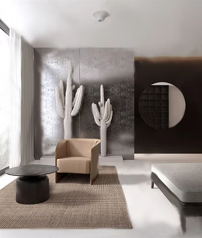 Luxury Modern Accent Chair Living Room Interior With Beige Upholstery Textured Wall And Cactus Decor 3d model