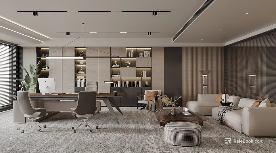 Modern Office Interior Design With Desk Chair Bookshelves Sofa Area Rug And Lighting 3d model 