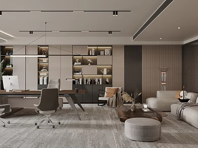Modern Office Interior Design With Desk Chair Bookshelves Sofa Area Rug And Lighting 3d model