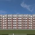 Red Brick School Building Featuring Modern Glass Elevator Shaft Greenery And People Walking