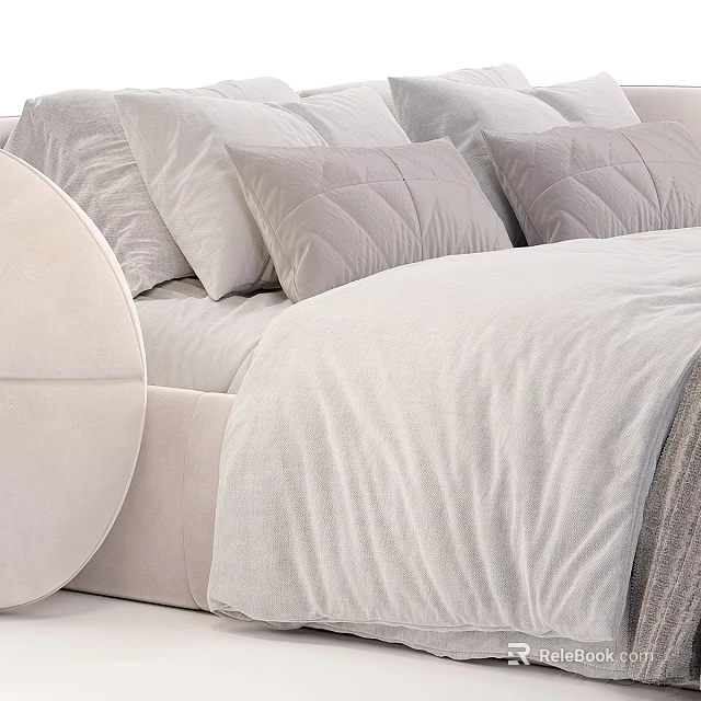 Elegant Double Bed With White Bed Sheets Quilted Pillows And Round Headboard In Modern Style 3d model 