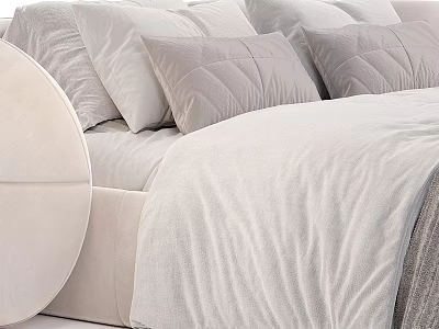 Elegant Double Bed With White Bed Sheets Quilted Pillows And Round Headboard In Modern Style 3d model