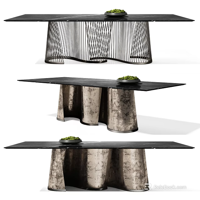 Modern Dining Table With Black Tabletop Silver Metal Base And Green Decorative Bowl 3d model 