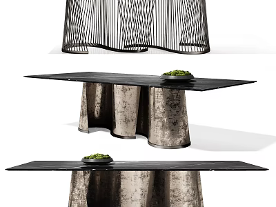 Modern Dining Table With Black Tabletop Silver Metal Base And Green Decorative Bowl 3d model
