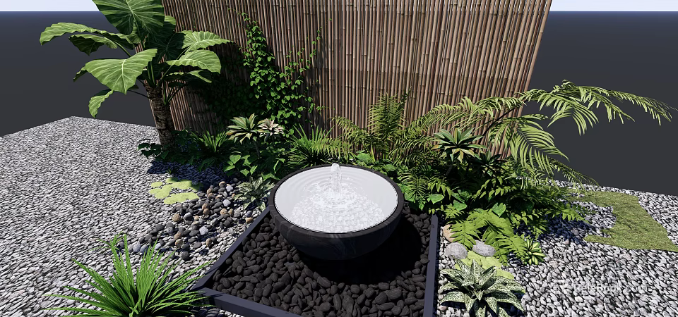 Tranquil Garden Landscape Featuring Circular Water Fountain Lush Green Plants Bamboo Fence And Pebbles 3d model 