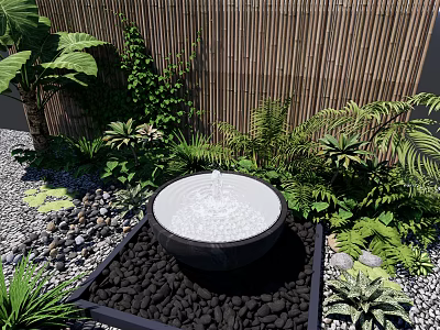 Tranquil Garden Landscape Featuring Circular Water Fountain Lush Green Plants Bamboo Fence And Pebbles 3d model