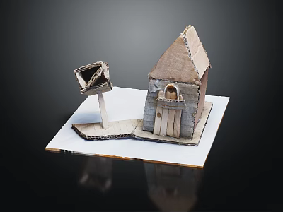 Handmade Miniature House And Tower Structure Paper Craft On White Base 3d model