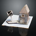 Handmade Miniature House And Tower Structure Paper Craft On White Base