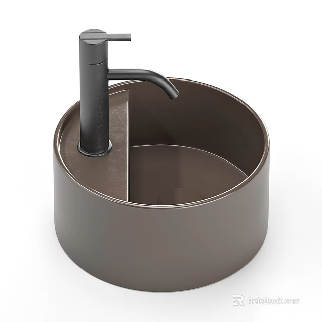 Modern Round Bathroom Sink with Black Faucet and Sleek Metal Finish Design 3d model 