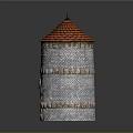 Medieval Stone Tower With Red Tiled Roof And Arched Wooden Door