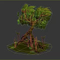 Cartoon Scene Featuring A Tree With Green Leaves Brown Trunk Roots And Small Plants