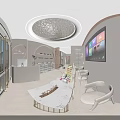 Elegant Modern SPA Sauna Interior With Curved Lighting Display Cabinet And Beige Lounge Chair