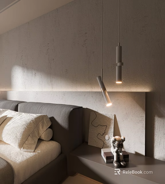 Modern Bedroom Pendant Lights Illuminating Bedside Gray Wall With Upholstered Headboard And Decorative Pillows 3d model 