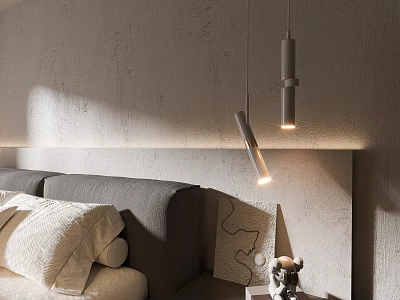 Modern Bedroom Pendant Lights Illuminating Bedside Gray Wall With Upholstered Headboard And Decorative Pillows 3d model