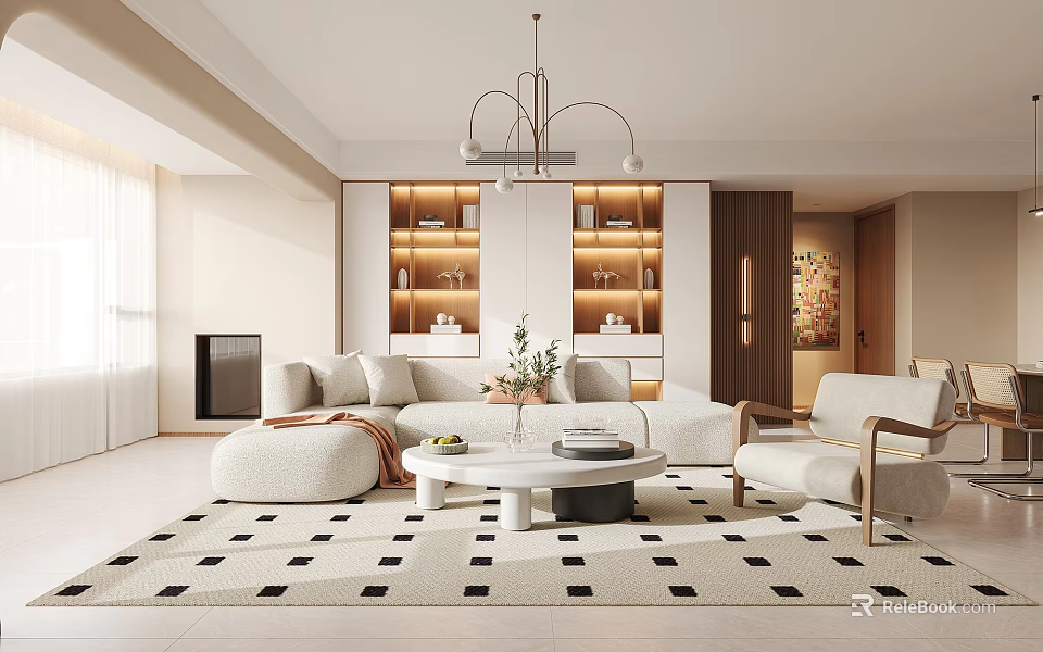 Modern Living and Dining Room Interior With Light Sofa Coffee Table And Geometric Rug 3d model 