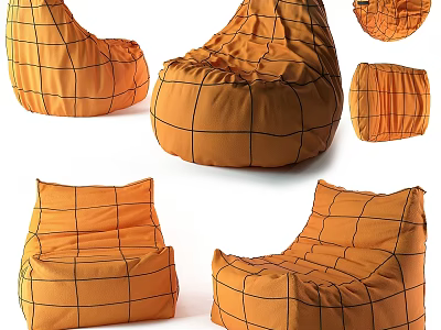 Orange Bean Bag Leisure Chairs With Black Grid Lines And Various Shapes 3d model