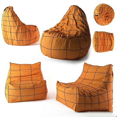 Orange Bean Bag Leisure Chairs With Black Grid Lines And Various Shapes 3d model