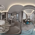 Open Concept Modern Living Dining Room With Sofa Dining Table Chandelier And Area Rug