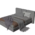 Gray Double Bed With Upholstered Headboard Striped Solid Pillows And Fringed Blankets 3d model