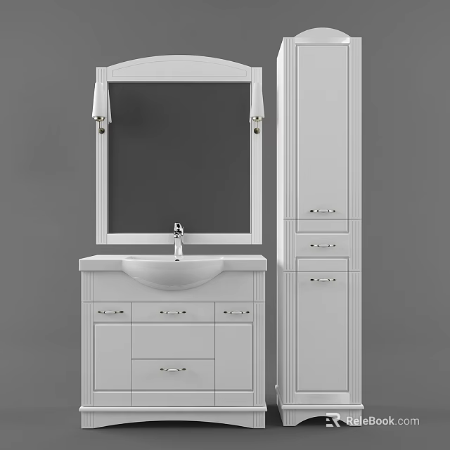 Modern White Bathroom Vanity With Mirror Sink Faucet And Storage Cabinets 3d model 