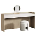 Modern Wooden Dressing Table with Open Drawer Round Mirror and Plush Stool