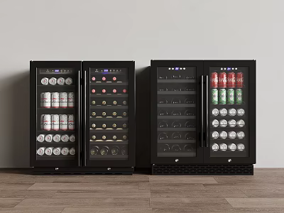Black Glass Door Beverage Refrigerators With Canned Drinks And Bottled Wines 3d model