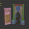 Arched Window Bookshelf With Books And Decorative Arched Doorway With Clock