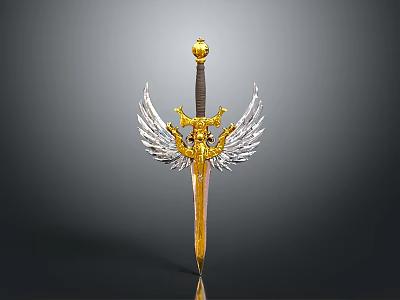 Golden Decorative Sword With Silver Wing Guard And Golden Pommel On Gray Background 3d model