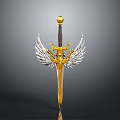 Golden Decorative Sword With Silver Wing Guard And Golden Pommel On Gray Background