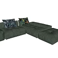 Green Velvet Sectional Sofa With Modular Design And Patterned Decorative Pillows 3d model