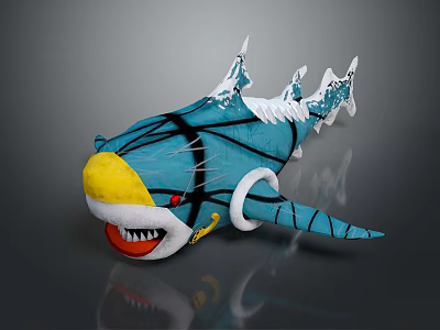 Blue Shark With Yellow Nose Open Mouth Sharp Teeth Black Stripes And White Accents 3d model