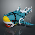 Blue Shark With Yellow Nose Open Mouth Sharp Teeth Black Stripes And White Accents