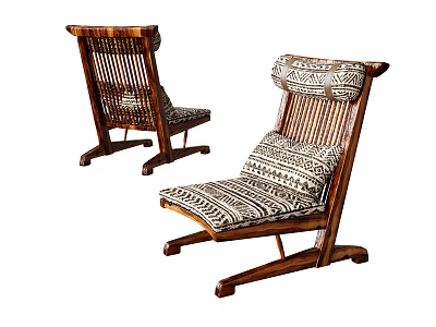 Stylish Wooden Frame Leisure Chairs With Rattan Weaving And Geometric Patterned Cushions 3d model