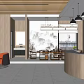 Modern Store Front Desk Interior With Wooden Design Reception Area Seating And Hanging Lights