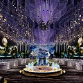 Gorgeous Banquet Hall Interior With Hanging Decorations Chandeliers Dining Tables And Green Plants