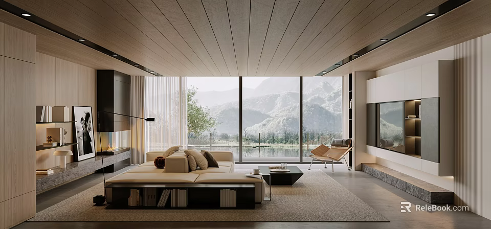 Modern Living Room Interior With Wooden Ceiling Large Windows Mountain View Sofa Fireplace And TV 3d model 