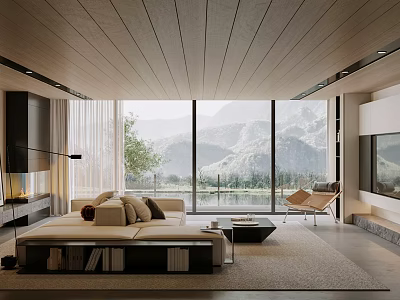 Modern Living Room Interior With Wooden Ceiling Large Windows Mountain View Sofa Fireplace And TV 3d model