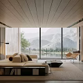 Modern Living Room Interior With Wooden Ceiling Large Windows Mountain View Sofa Fireplace And TV