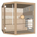 Modern Sauna Room Interior With Wooden Benches Glass Door Heater And Bucket