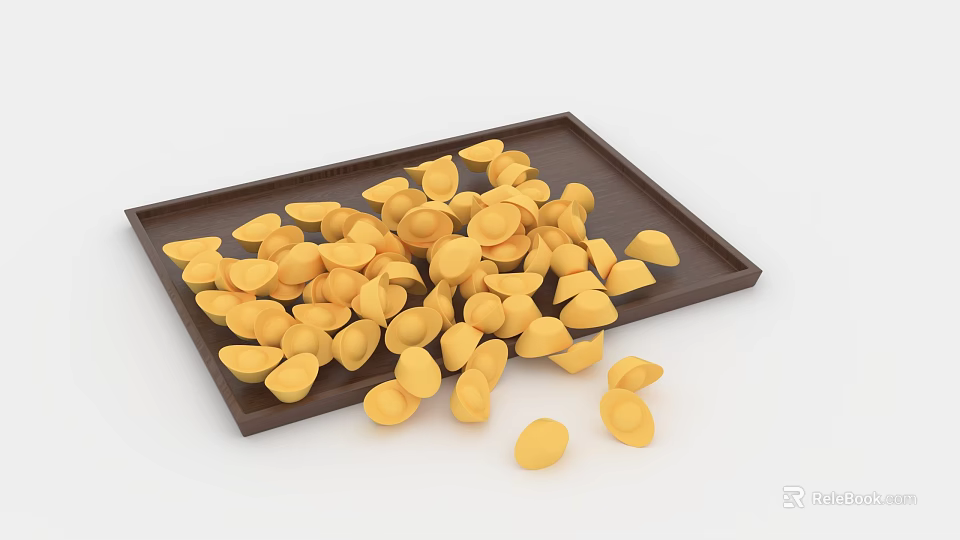 Brown Tray With Scattered Yellow Shell Shaped Items On White Background 3d model 