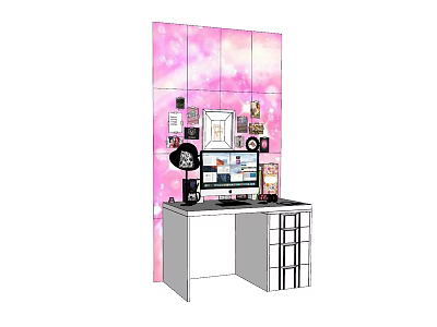 Stylish Home Desk With Computer Lamp Decorations And Pink Background Wall 3d model