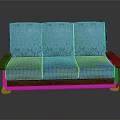 Three Seat Blue Sofa With Patterned Cushions Wooden Armrests And Base
